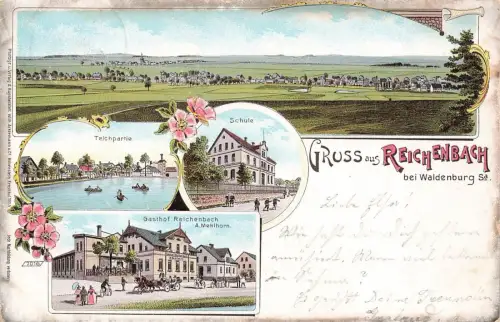 Gruss aus Reichenbach Gasthof Reichenbach und Schule Sachsen Litho AK 1904