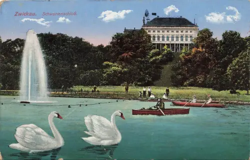 Schwanenteich und Schwanenschloss Zwickau Sachsen Postkarte AK 1915