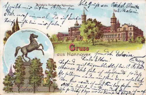 Gruss aus Hannover Sachsenross Technische Hochschule Niedersachsen Litho AK 1902