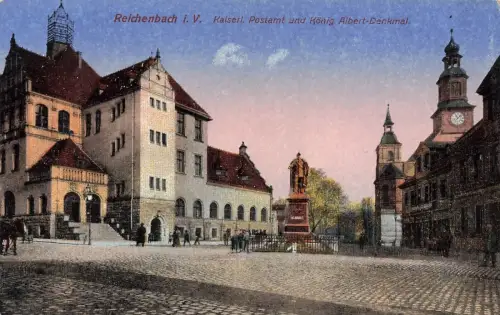 Postamt und König Albert-Denkmal Reichenbach Vogtland Sachsen Postkarte AK