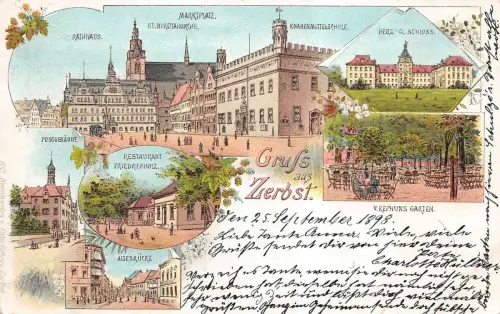 Gruss aus Zerbst Marktplatz Knabenmittelschule St. Nikolaikirche AK 1898