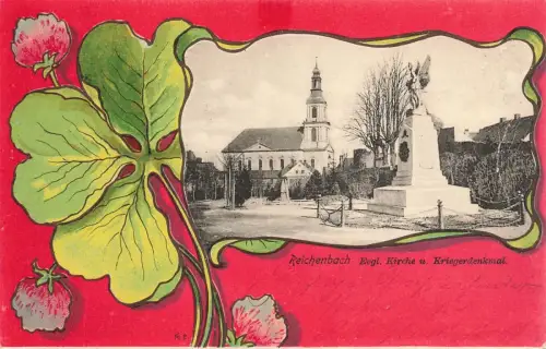 Evangelische Kirche und Kriegerdenkmal Reichenbach Schlesien Postkarte AK 1900