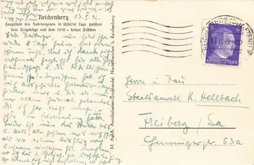 Blick auf die Stadt Reichenberg Schlesien Postkarte AK 1942
