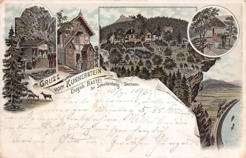 Gruss vom Kunnerstein Bastei bei Schellenberg Erzgebirge Sachsen Litho AK 1896