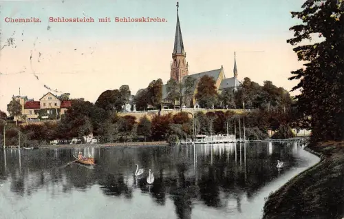 Chemnitz Schlossteich mit Schlosskirche Postkarte 1916