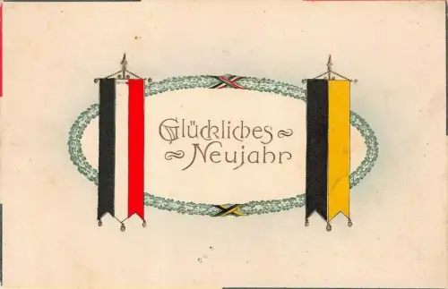 Glückliches Neujahr mit Reichsfahne Patriotika Postkarte AK 1914