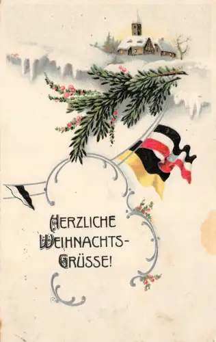 Herzliche Weihnachtsgrüsse! Reichsfahne und Prägung Patriotika Postkarte AK 1915