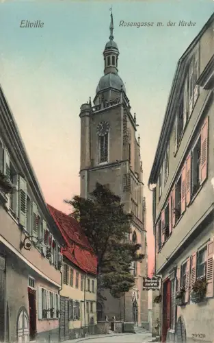 Blick auf die Rosengasse mit Kirche Eltville am Rhein Hessen Postkarte AK
