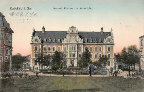 Postamt mit Albertplatz in Zwickau Sachsen Postkarte AK 1914