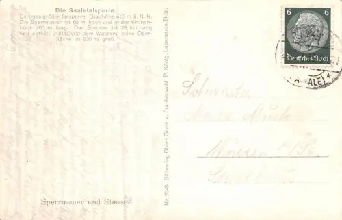 Sperrmauer und Stausee Saaletalsperre Thüringen Postkarte AK 1933