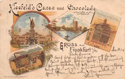 Gruss aus Frankfurt a/M. Kleefeld's Cacao Chocolade Werbepostkarte Litho AK 1901