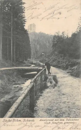 Sächs-Böhm. Schweiz Amselgrund mit dem Talwächter Jungfrau Postkarte AK 1906