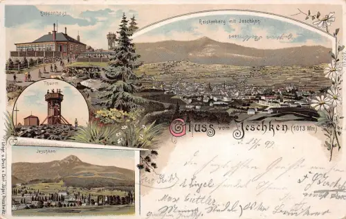 Gruss vom Jeschken (1013 Mtr.) (Ještěd) Reichenberg Koppenh. Postkarte AK 1899