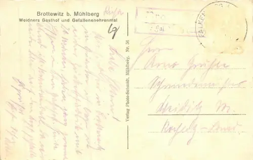Brottewitz b. Mühlberg Weidners Gasthof und Gefallenenehrenmal Postkarte AK