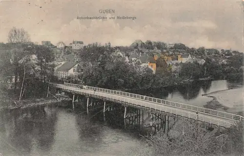 Guben Brandenbur, Achenbachbrücke und Neißeberge AK 1916