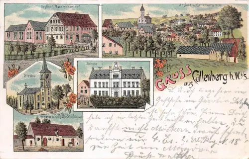 Gruss aus Callenberg b.W., Sachsen, Gasthof, Schule, Postkarte 1909