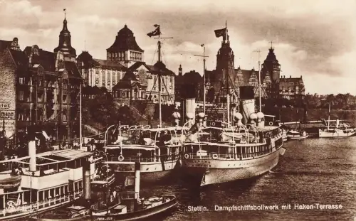 Dampfschiffsbollwerk mit Haken-Terrasse Stettin Pommern Postkarte AK 1931