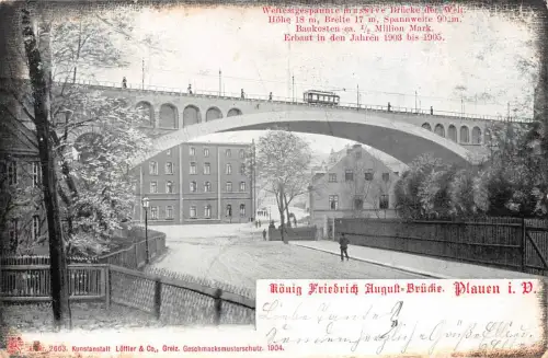 Plauen Vogtland König Friedrich August Brücke Strassenbahn Postkarte 1906