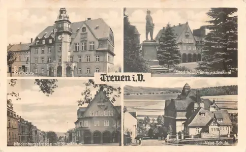 Treuen i. V. Rathaus Stadthaus-Bismarckdenkmal Postkarte AK