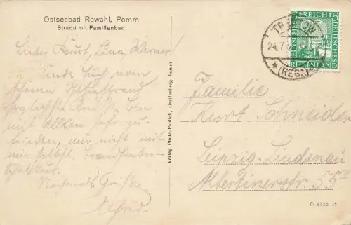 Strand mit Familienbad Ostseebad Rewahl Pommern Postkarte AK 1925
