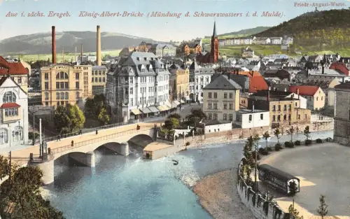 König-Albert-Brücke Stadtansicht von Aue Erzgebirge Sachsen Postkarte AK