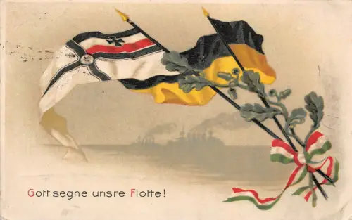 Gott segne unsre Flotte ! Patriotika Postkarte mit Reichsfahne AK 1916