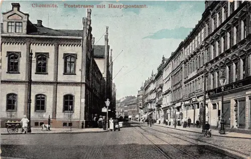 AK Chemnitz Sachsen Poststrasse mit Hauptpost Strasse,Laden Postkarte gel. 1917