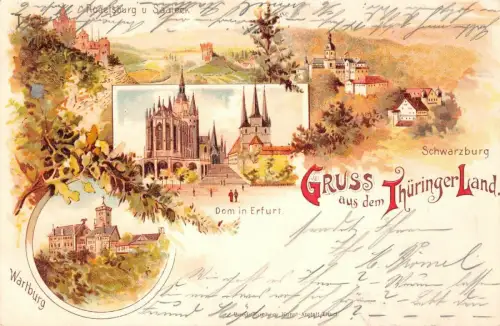 Gruss aus dem Thüringer Land Erfurt Schwarzburg Wartburg Postkarte AK 1899