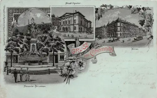 Gruss aus Chemnitz Sachsen Börse Saxonia Brunnen Lithographie Postkarte 1899