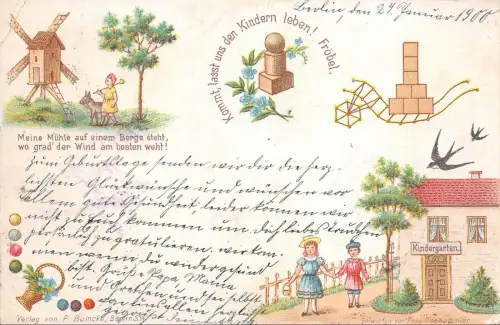 Kinder Postkarte Windmühle, Kindergarten 1900