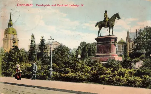 Paradeplatz und Denkmal Ludwigs IV. in Darmstadt Hessen Postkarte AK 1913