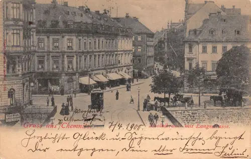 Gruss aus Chemnitz, Nicolaibrücke mit Langestraße, Straßenbahn, Postkarte 1900