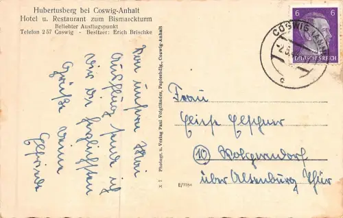 Hubertusberg mit Hotel und Bismarckturm bei Coswig Sachsen-Anhalt AK 1944