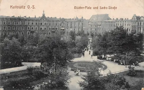 Kattowitz Schlesien Blücher Platz und Sachs - Strasse Postkarte 1916