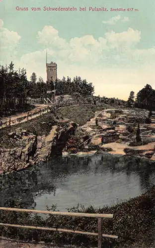 Gruss vom Schwedenstein mit Aussichtsturm bei Pulsnitz Sachsen Postkarte AK 1915