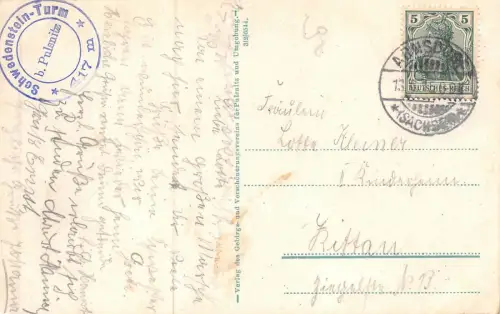 Gruss vom Schwedenstein mit Aussichtsturm bei Pulsnitz Sachsen Postkarte AK 1915