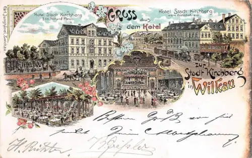 Hotel Stadt Kirchberg in Wilkau / Sachsen Bahnhof, Hotel Litho Postkarte 1905