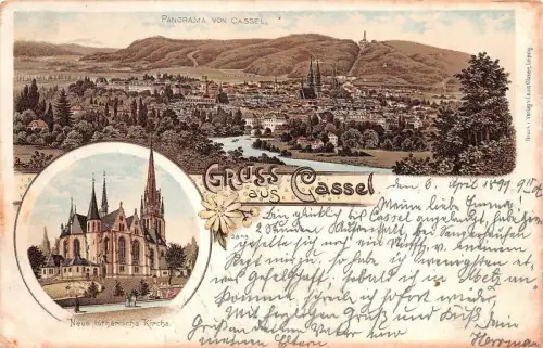 Gruss aus Cassel Panorama Neue lutherische Kirche Litho AK 1899