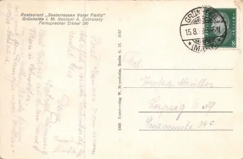 Restaurant "Vater Fielltz", Grünheide am Peetz-See Postkarte AK 1929