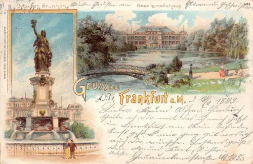 Gruss aus Frankfurt a. M. Schützen-Brunnen Gesellschaftshaus AK 1899