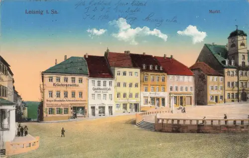 Ansicht Markt mit Conditorei & Café Leisnig Sachsen Postkarte AK 1916