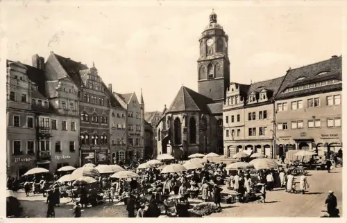 Meißen Markt Frauenkirche mit dem ersten Porzellan-Glockenspiel Postkarte AK