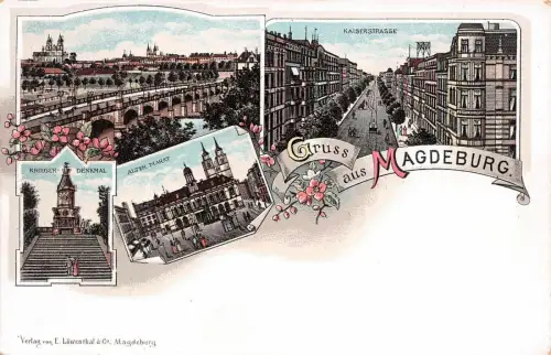 Gruss aus Magdeburg Kaiserstrasse Alter Markt Kriegerdenkmal Litho AK