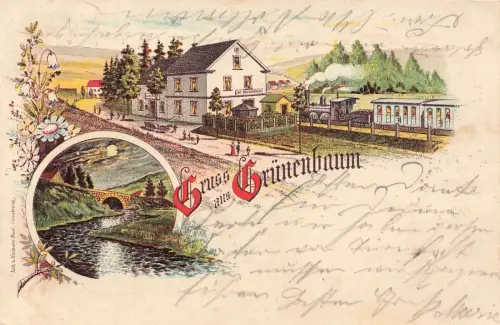 Gruss aus Grünenbaum mit Bahnhof Kierspe Litho Nordrhein-Westfalen AK 1905
