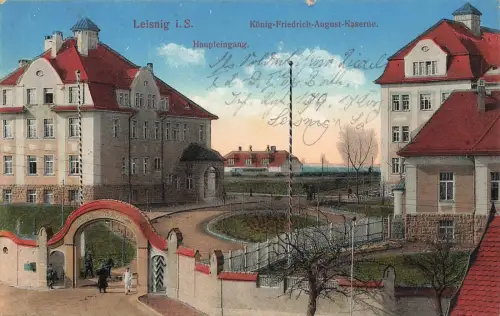 Haupteingang König Friedrich-August-Kaserne Leisnig Sachsen Postkarte AK 1916