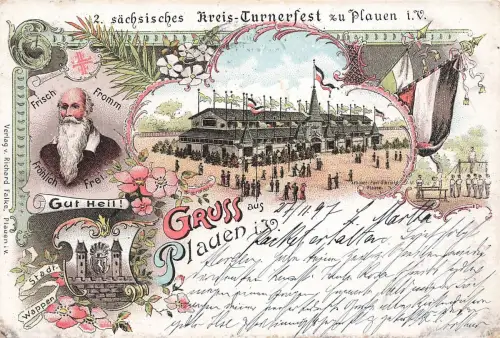 Gruss aus Plauen i. V. 2. sächsisches Kreis-Turnerfest Postkarte AK 1897