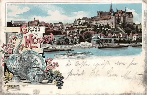 Gruß aus Meißen Stadtansicht und Partie an der Elbe Sachsen Litho AK 1909