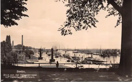Stettin Blick von der Hakenterrasse auf Dampfschiff-Bollwerk Postkarte AK