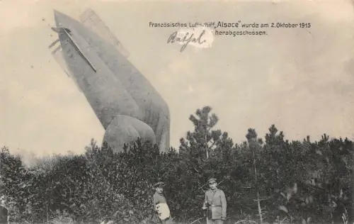 herabgeschossenes Französisches Luftschiff Alsace Patriotika Postkarte AK 1916