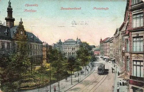 Rathaus, Dresdner Bank und Poststraße in Chemnitz Sachsen Postkarte AK 1910